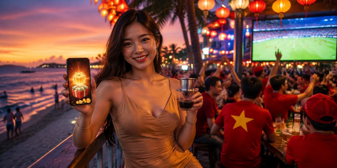 Người dùng Phú Quốc nạp tiền và chơi casino trên điện thoại bên ly cà phê
